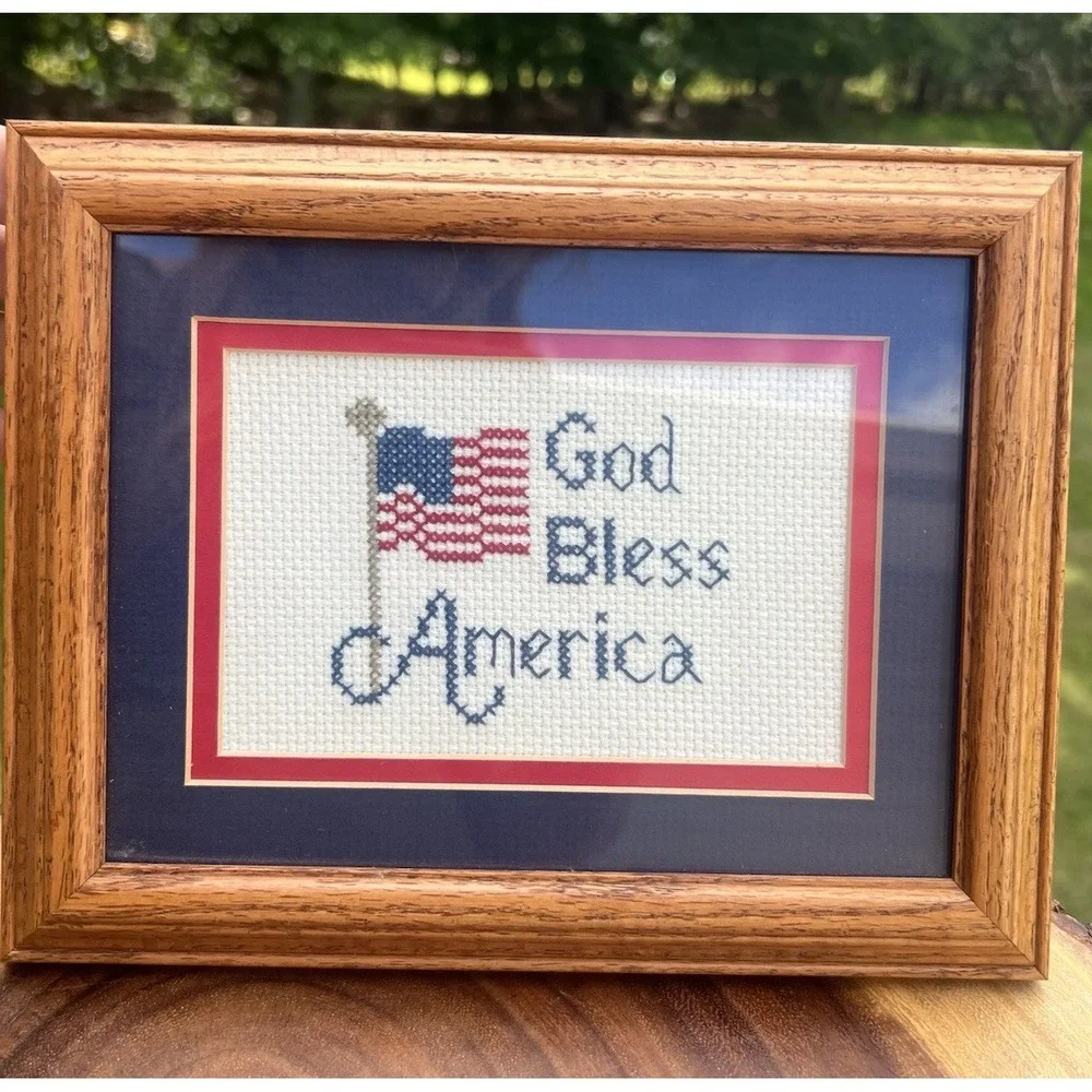 Handmade God Bless America Cross Stitch Framed Patriotic Flag Wall Art 9.5x7.5